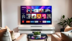 utilisateur profitant d’un iptv smart player dans un salon moderne Événement sportif diffusé via IPTV box en HD